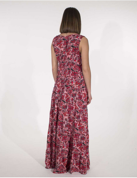 Robe d'été longue sans manches pour femme motifs rose fuchsia fleuris
