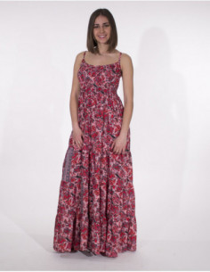 Robe longue à fines bretelles bohème fleurie rose fuchsia