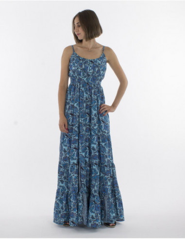 Robe longue à fines bretelles bohème fleurie bleu