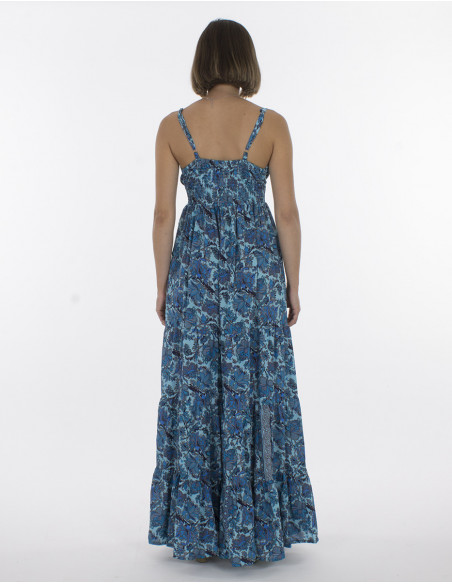 Robe longue à fines bretelles dos smocké original bleu