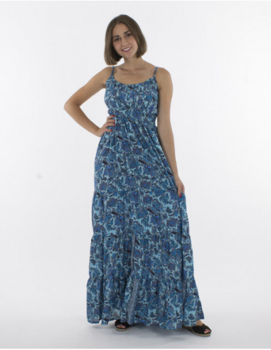 Robe longue bohème pour femme à fines bretelles et imprimé fleurie féminin bleu