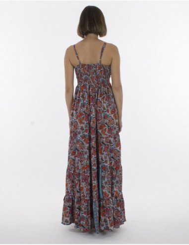 Robe longue à fines bretelles dos smocké original bleu turquoise