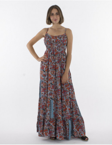 Robe longue bohème pour femme à fines bretelles et imprimé fleurie féminin bleu menthe turquoise