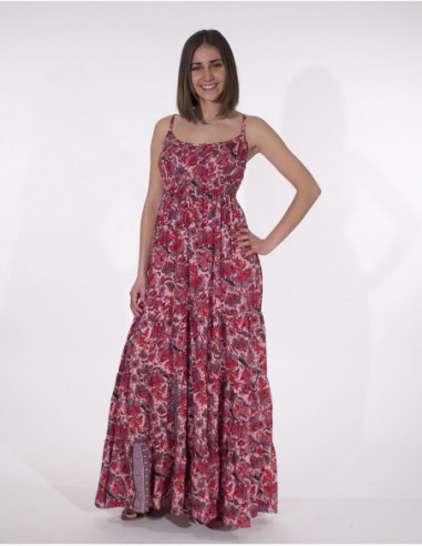 Robe longue bohème pour femme à fines bretelles et imprimé fleurie féminin rose fuchsia