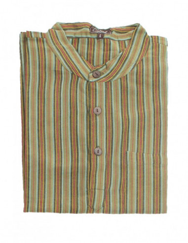 Chemise homme coton népalais avec rayures vert kaki