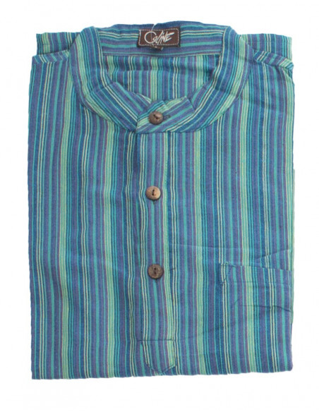 Chemise homme en coton népalais rayé rouge bleu