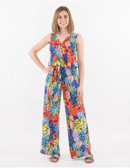Combi pantalon femme polyester tropical avec bretelles
