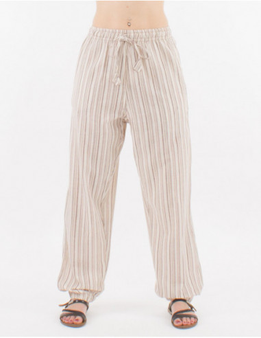 Pantalon basique en coton rayé népalais beige