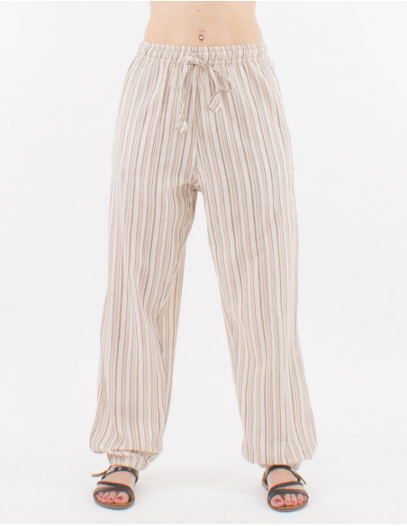 Pantalon basique en coton rayé népalais beige