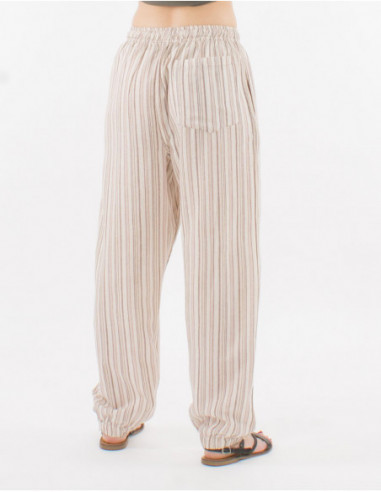 Pantalon basique en coton rayé népalais beige pour femme