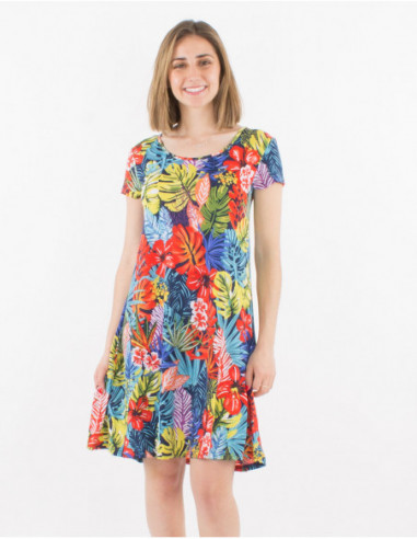 Robe de plage imprimée tropical à manches courtes marine