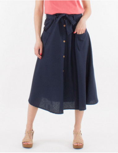 Jupe longue avec lin pour femme boutons effet bois ceinture à nouer look chic uni bleu marine