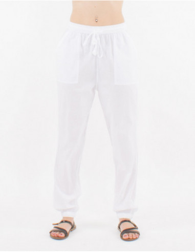 Pantalon coton fin uni taille elastiquee avec lien