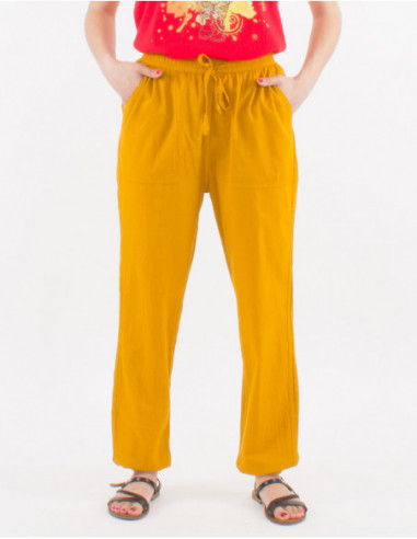 Pantalon léger en coton pour femme avec poches avant coupe droite confortable couleur unie grise