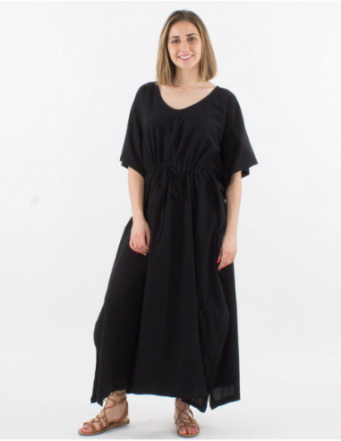 Robe longue de plage style poncho à manches chauve sourie unie basique en coton noir