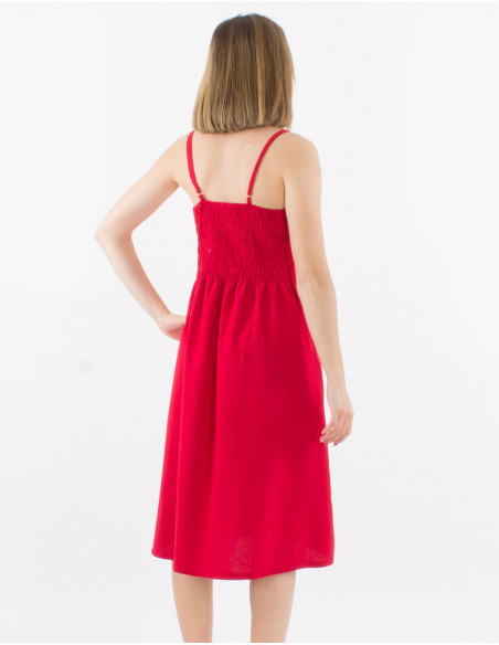 Robe mi longue légère en 100% coton à col v et fines bretelles couleur unie basique rouge
