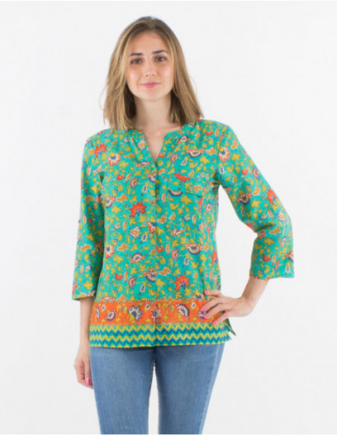 Chemise à boutons et manches longues confortable pour femme à motif bariolé de petites fleurs vert menthe