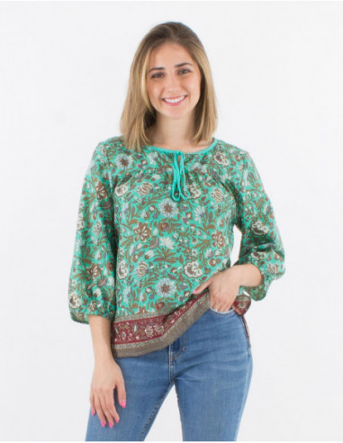 Bohemian cotton blouse with 3/4 sleeves