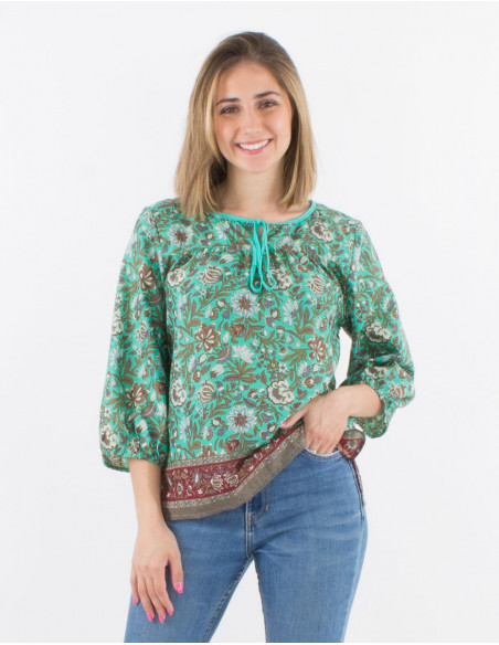 Bohemian cotton blouse with 3/4 sleeves