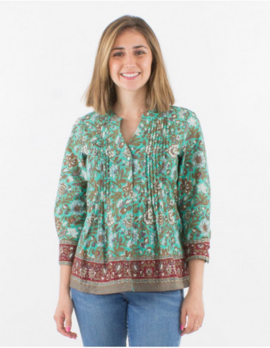 Blouse fluide à boutons à manches longues originales avec fronces et imprimé boho chic fleuri vert menthe