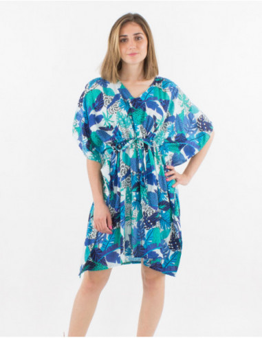 Robe courte femme style poncho ample imprimé bleu à fleurs baba cool originales