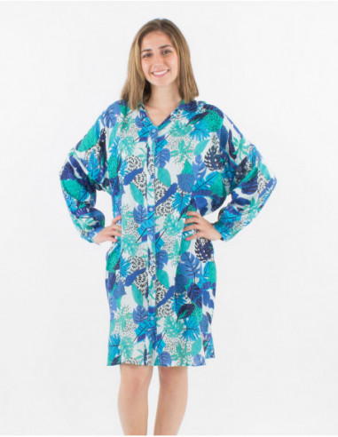Robe chemise courte d'été anis femme manches longues et fentes sur les côtés motif bohème feuilles