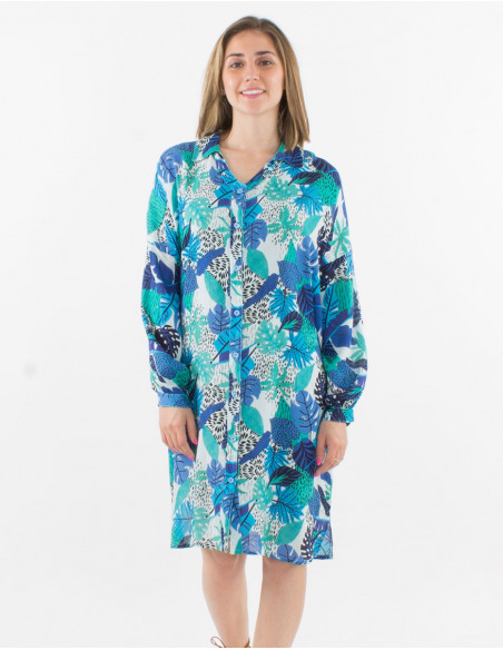 Robe chemise courte d'été bleu femme manches longues et fentes sur les côtés motif bohème feuilles