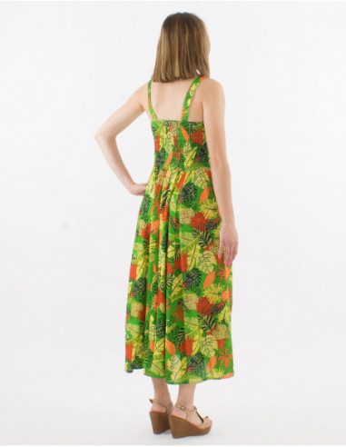 Robe longue bohème évasée d'été anis pour femme motifs feuilles colorées