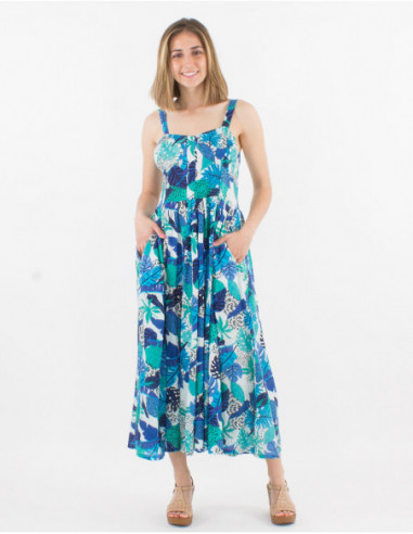 Robe longue bohème évasée d'été bleu pour femme motifs feuilles colorées