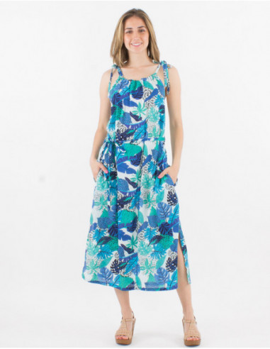 Robe longue de plage pour femme bretelles fines à nouer imprimé bohème bleu avec feuilles tropicales