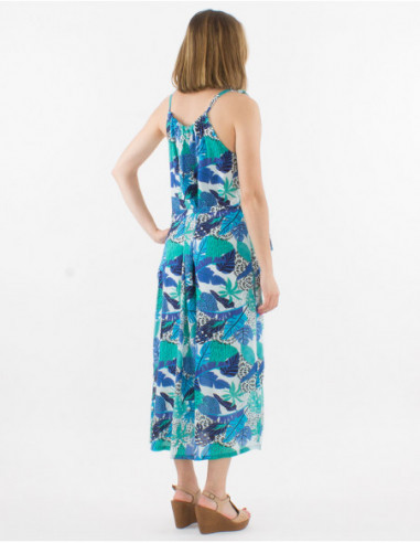 Robe longueur mollet femme fendue bretelles et ceinture à nouer imprimé boho coloré bleu