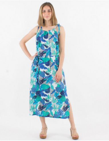 Robe longueur mollet femme fendue bretelles et ceinture à nouer imprimé boho coloré rouge