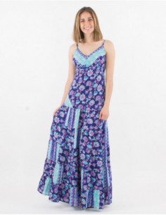 Robe longue fluide d'été à fines bretelles imprimée hippie chic fleuri patchwork rouge 2