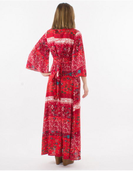 Robe longue kimono à manches longues pour l'été fluide avec motif fleuri original rouge