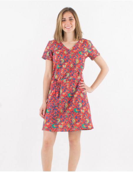Bohemian cotton short dress with ties