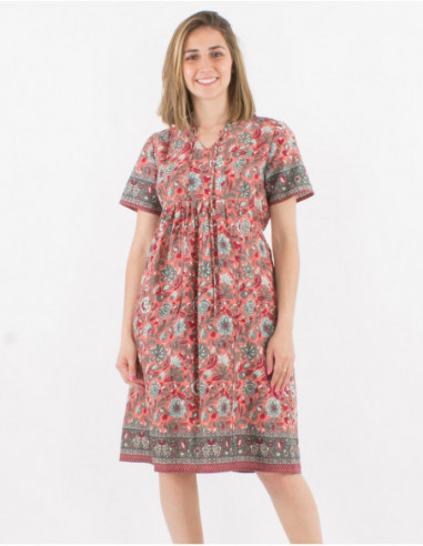 Robe mi longue originale baba cool avec détail pompons et imprimé indien cachemire rose