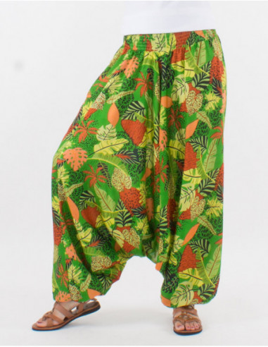 Pantalon sarouel baba cool large ceinture smockée pour femme imprimé vert anis feuilles été 2022