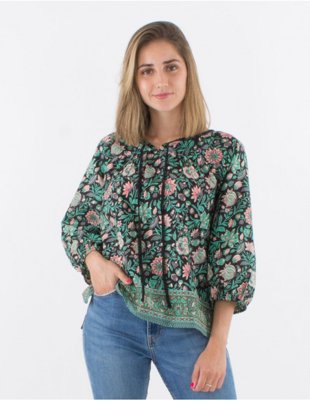 Bohemian cotton blouse with 3/4 sleeves
