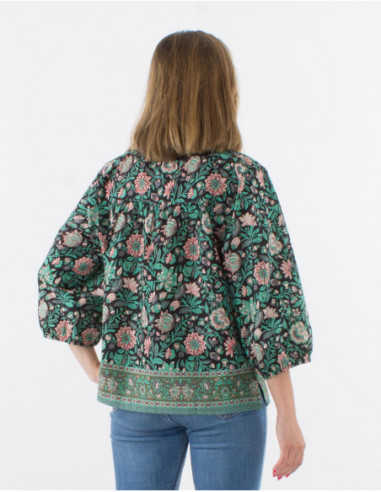 Chemisier avec lien au col pour femme manches 3/4 léger et original avec fleurs bohème noir