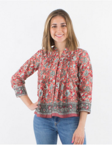 Blouse printanière pour femme à manches longues fronces sur le devant et boutons motif rose hippie floral