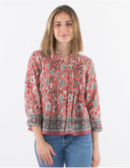 Chemise originale manches longues froncée pour le printemps à imprimé bohème fleuri rose