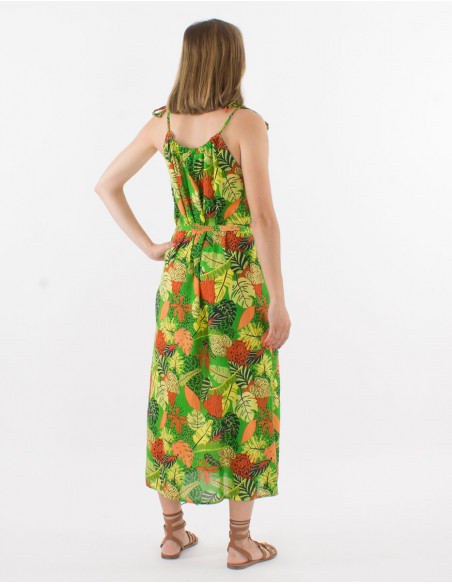 Long slit dress with tropical motif