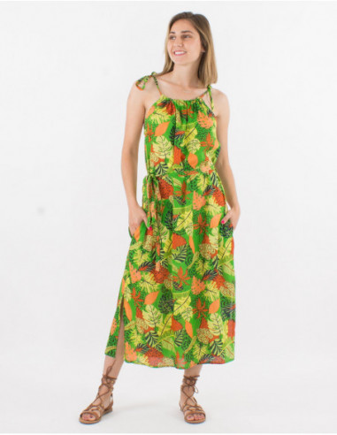 Long slit dress with tropical motif
