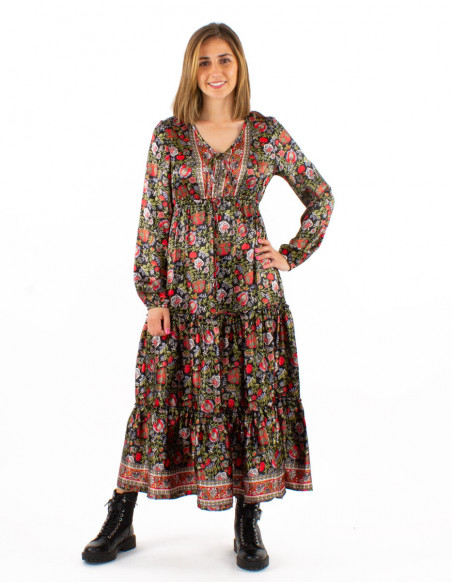Robe longue bohème chic tissu satiné à fleurs rouges et noir
