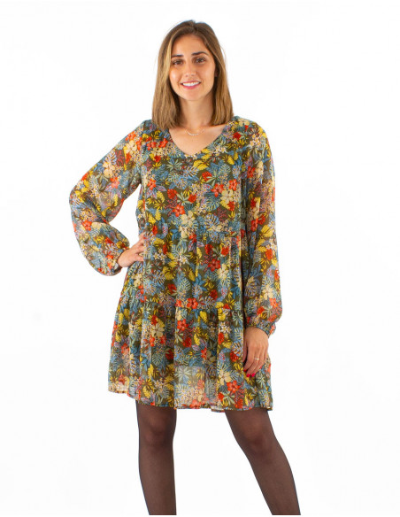 Robe courte transparente fluide pour l'automne à motifs fleurs colorées