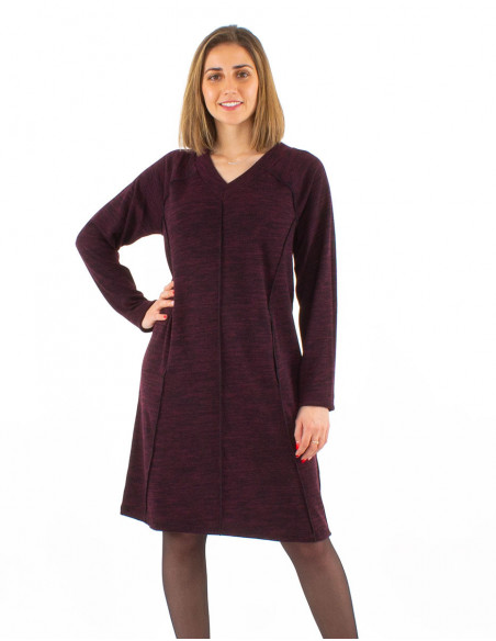 Robe pull col V basique unie mauve avec surpiqures