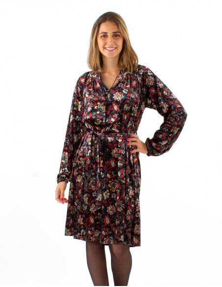 Robe mi-longue chic en velours brillant à imprimé fleuri noir