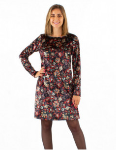 Robe courte droite en velours brillant noir à motifs fleuris rouge bohème