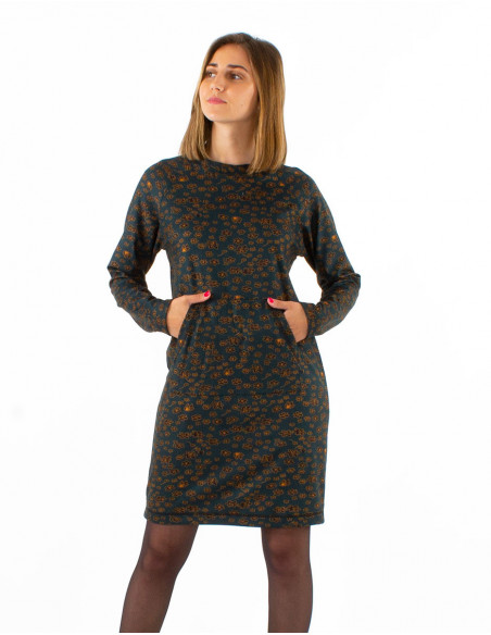 Robe pull d'hiver à poche kangourou et motif original petites fleurs