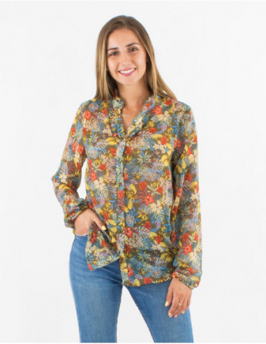 Chemise kaki mi-saison pour femme motifs fleurs colorées